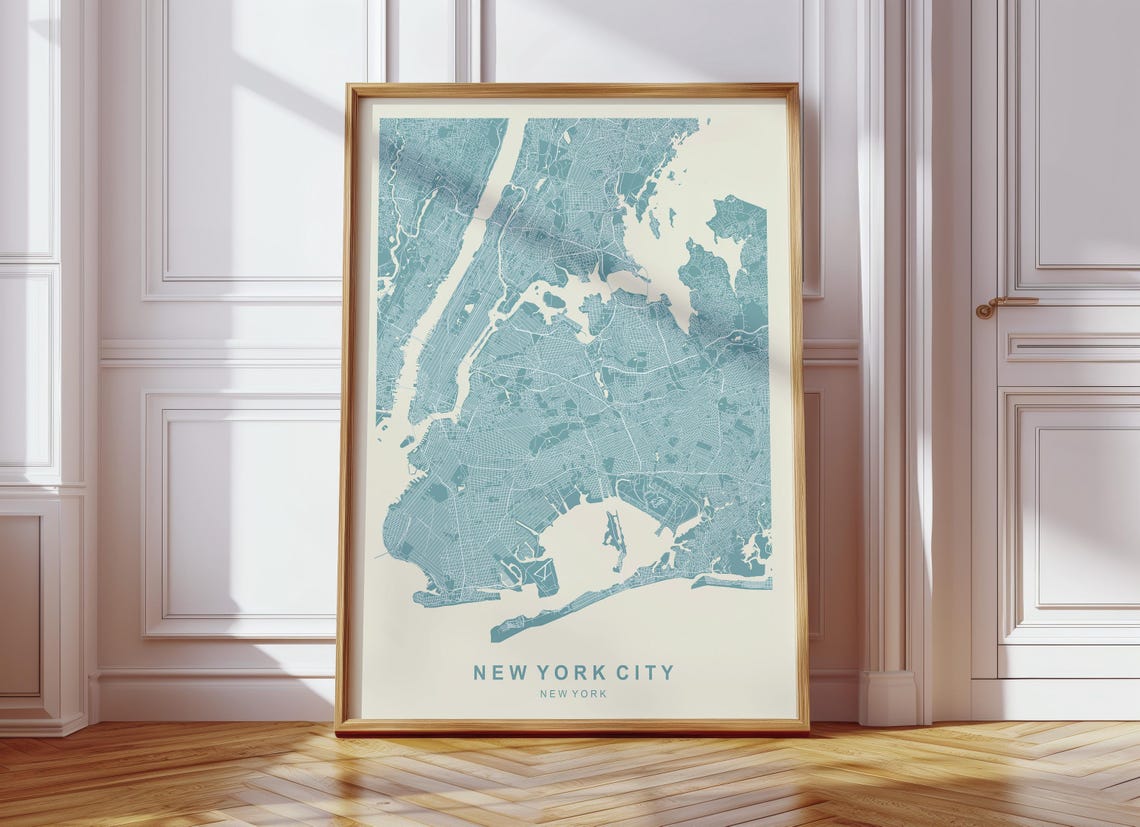 New York City Map Poster Teal Blue NYC Street Map Minimalist Design