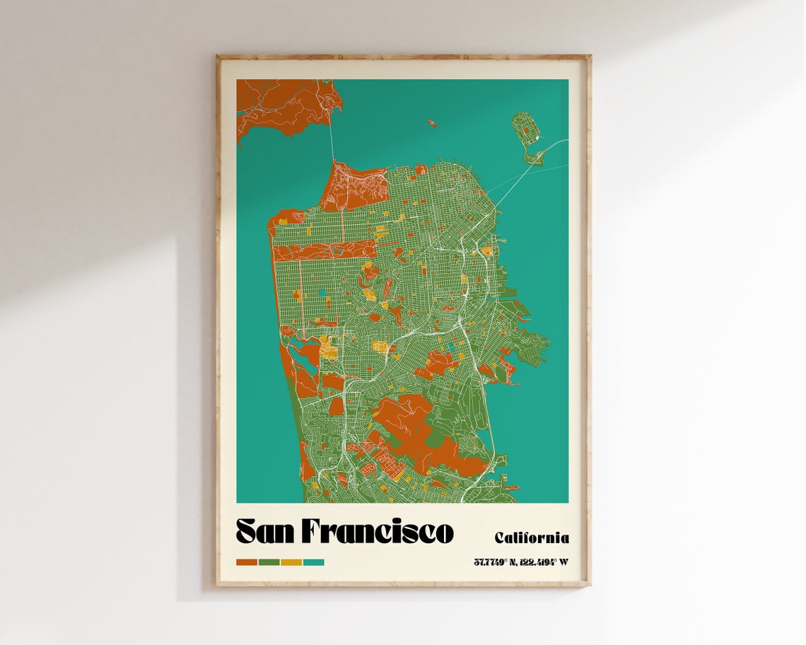 San Francisco California Colorful Retro City Map Travel Poster - Image 3