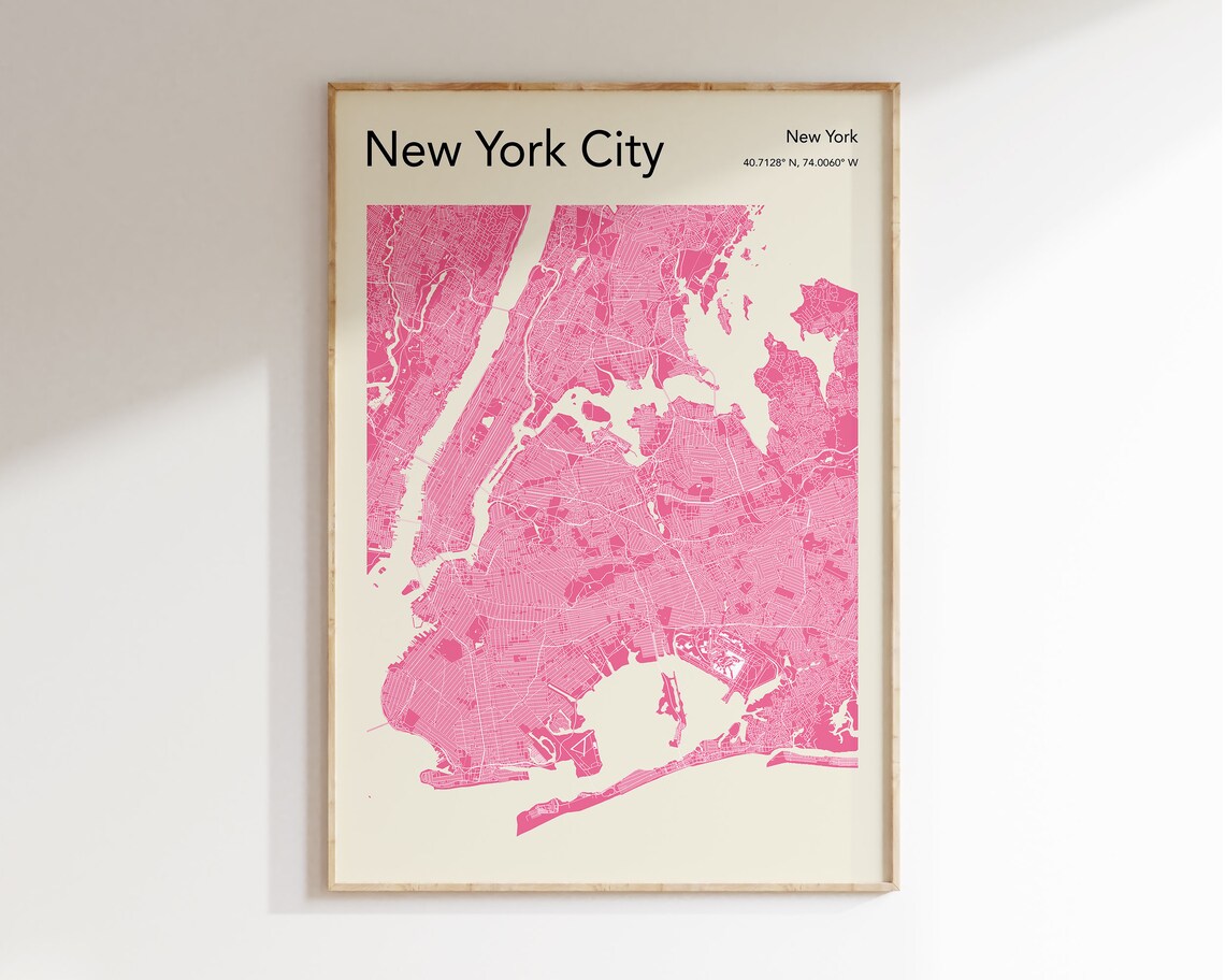 New York City Monochrome Pink Manhattan Street Map Minimalist Poster