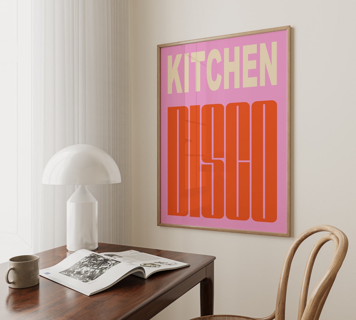 Kitchen Disco Pink Bold Retro Typography Fun Kitchen Wall Poster