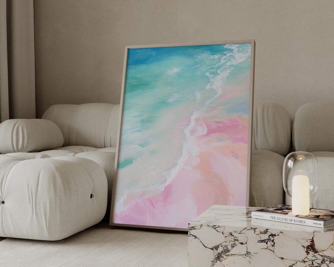 Pastel Ocean Waves Aerial Beach Abstract Coastal Pink Art Poster - Image 3