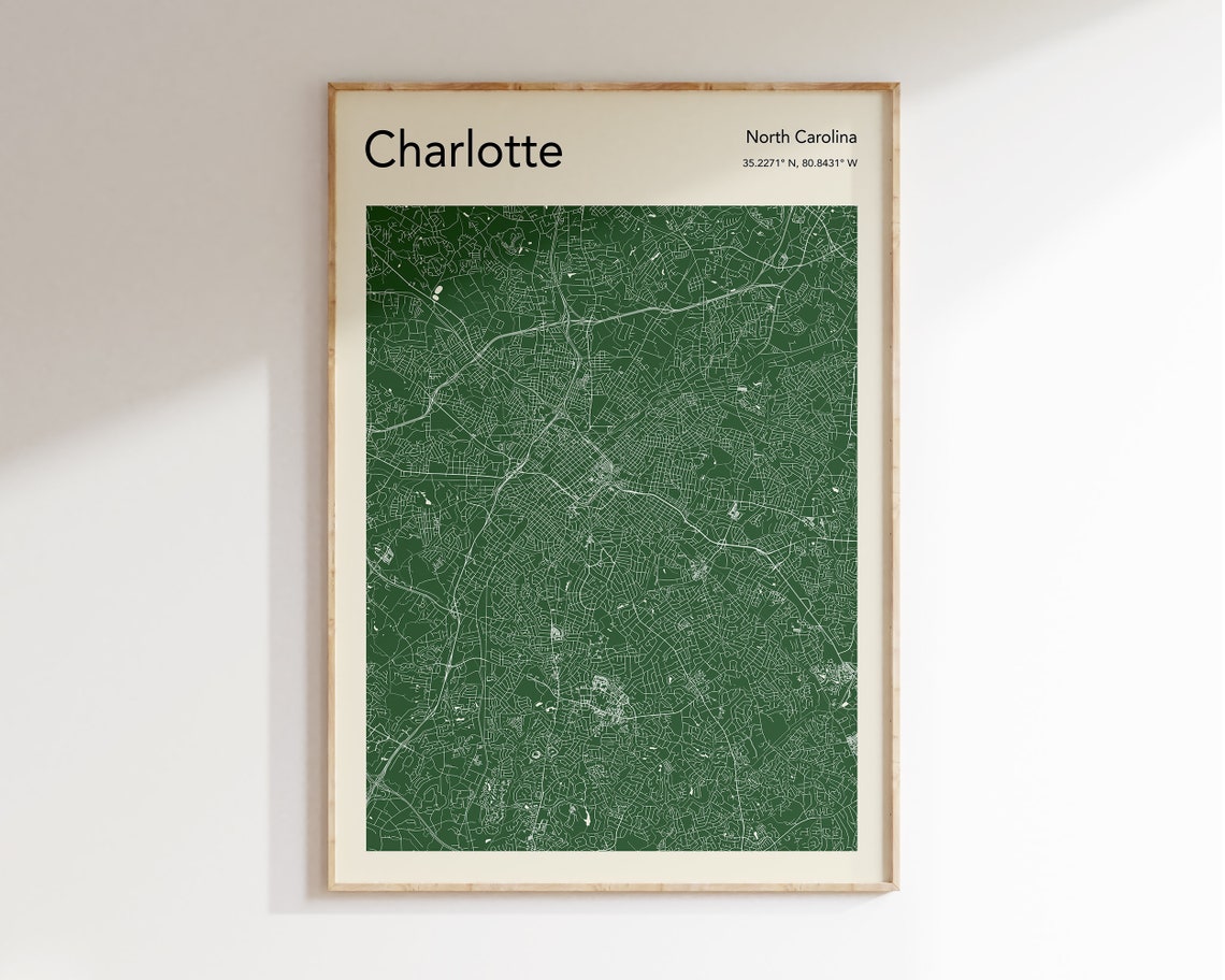 Charlotte North Carolina City Map Dark Green Coordinates Poster