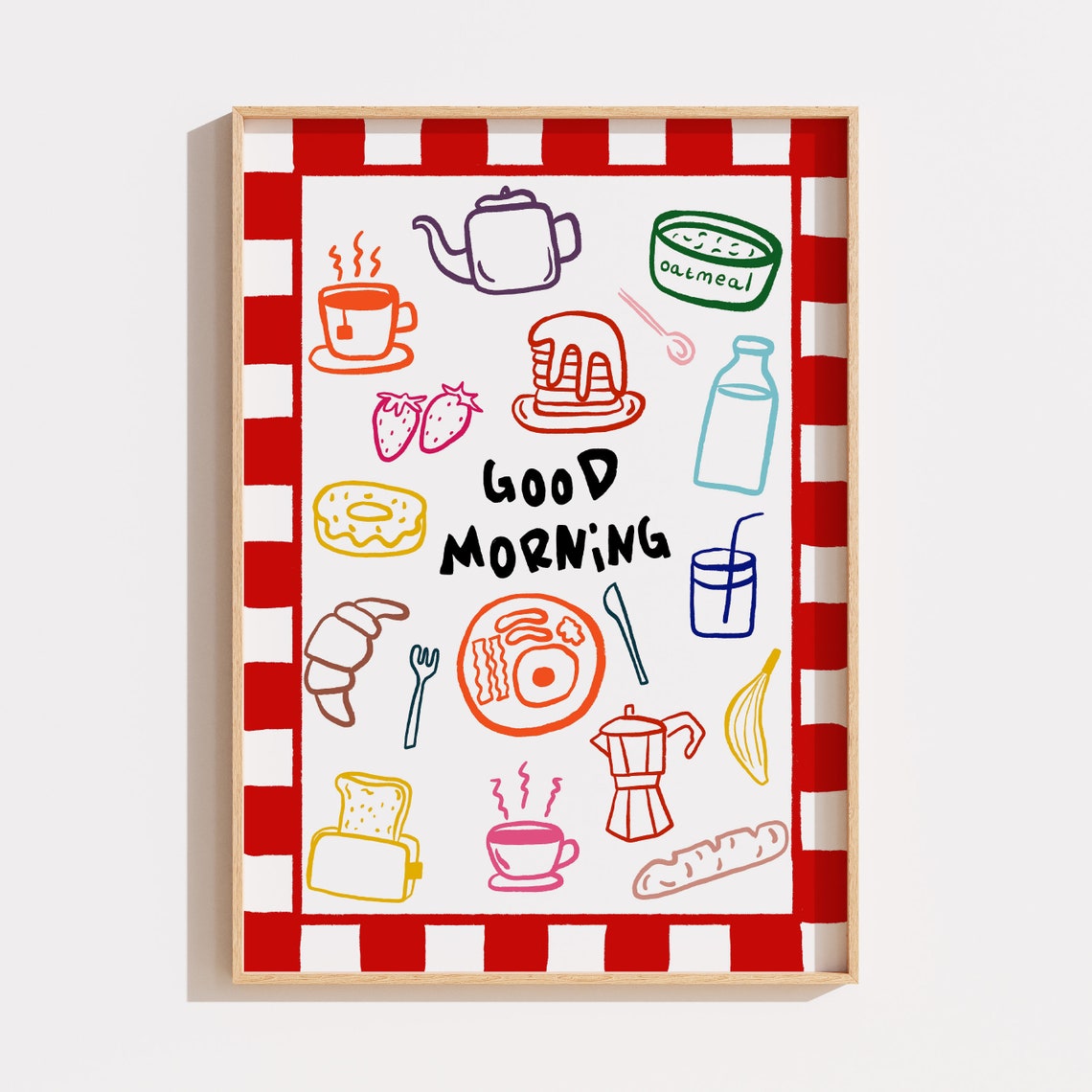 Good Morning Breakfast Doodles Green Checkered Kitchen Art Poster - Image 3