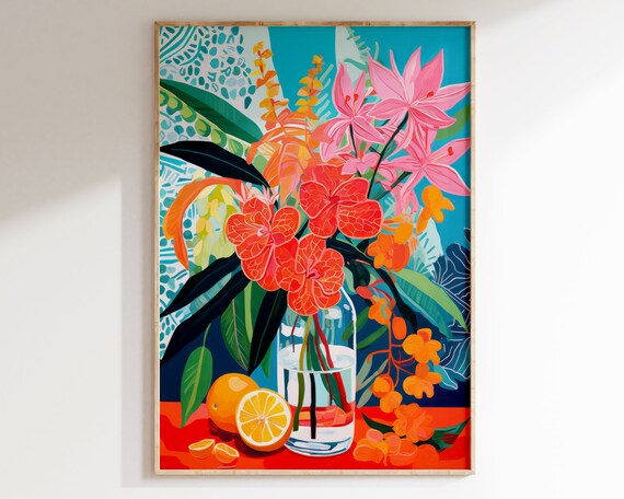 Flowers And Fruit Still Life Art Print Matisse Inspired Painting Maximalist Wall Art Colourful Botanical Print B101