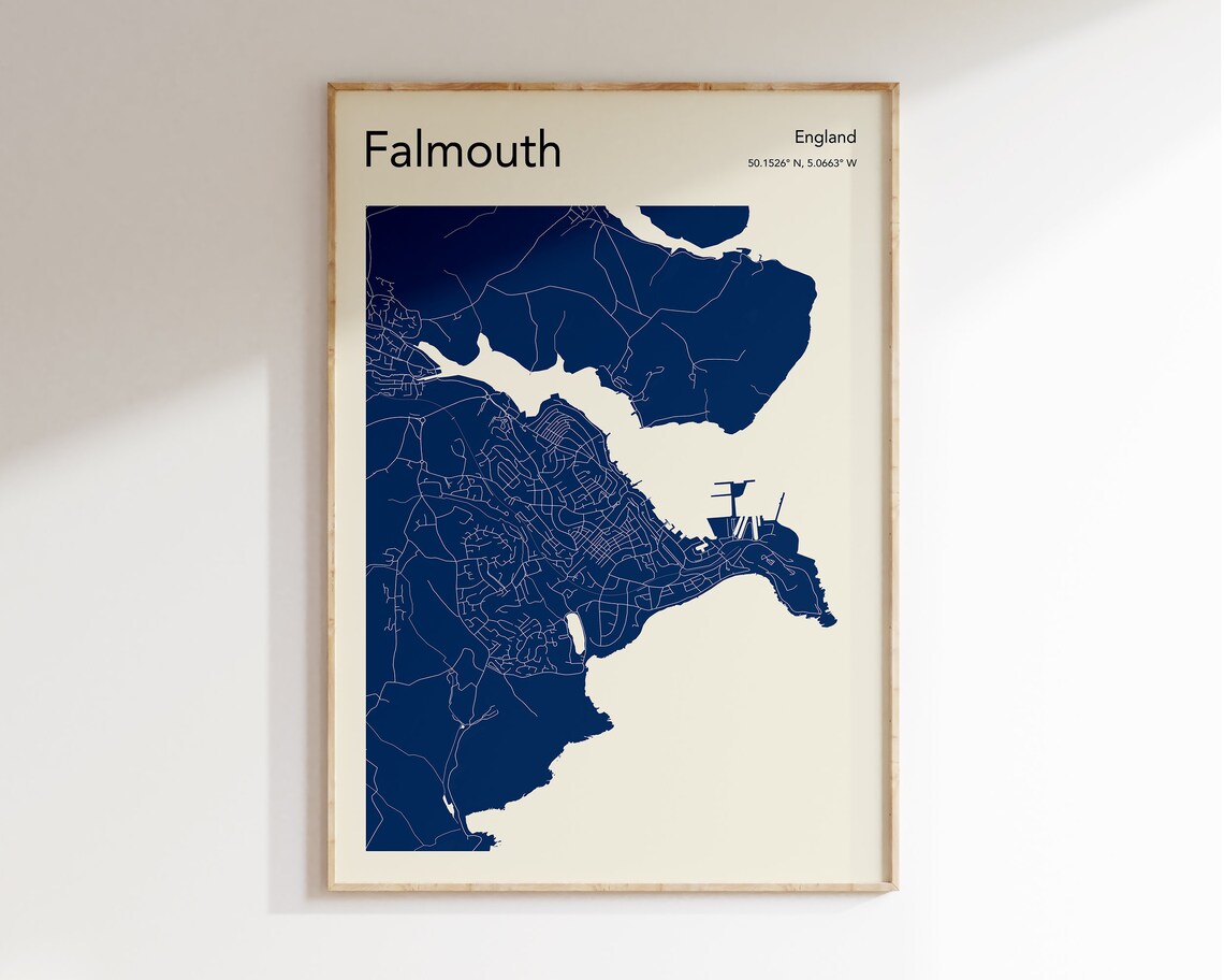 Falmouth England Monochrome Navy Coastal Town Street Map Art Poster