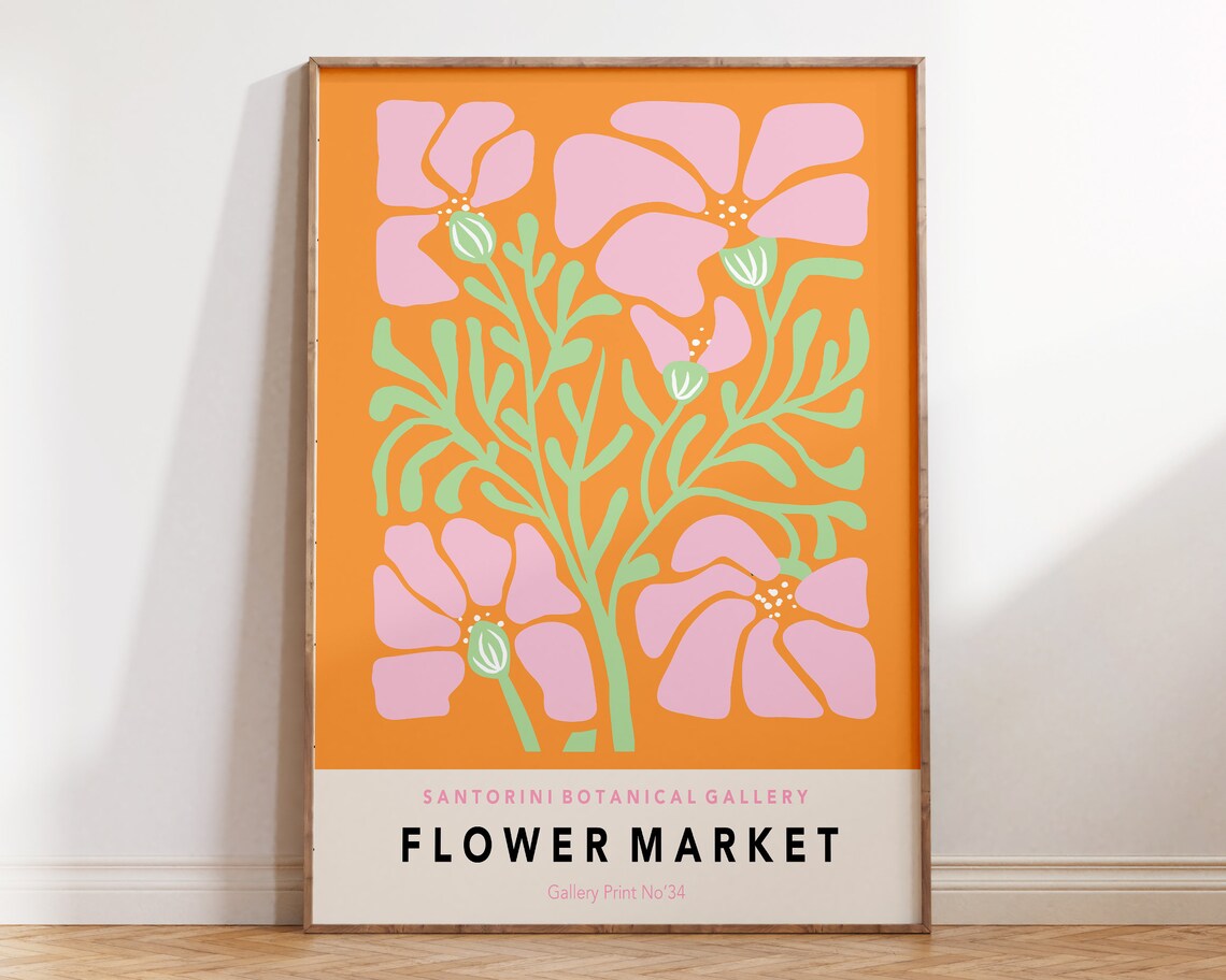 Santorini Flower Market Pink Blooms Orange Botanical Art Poster