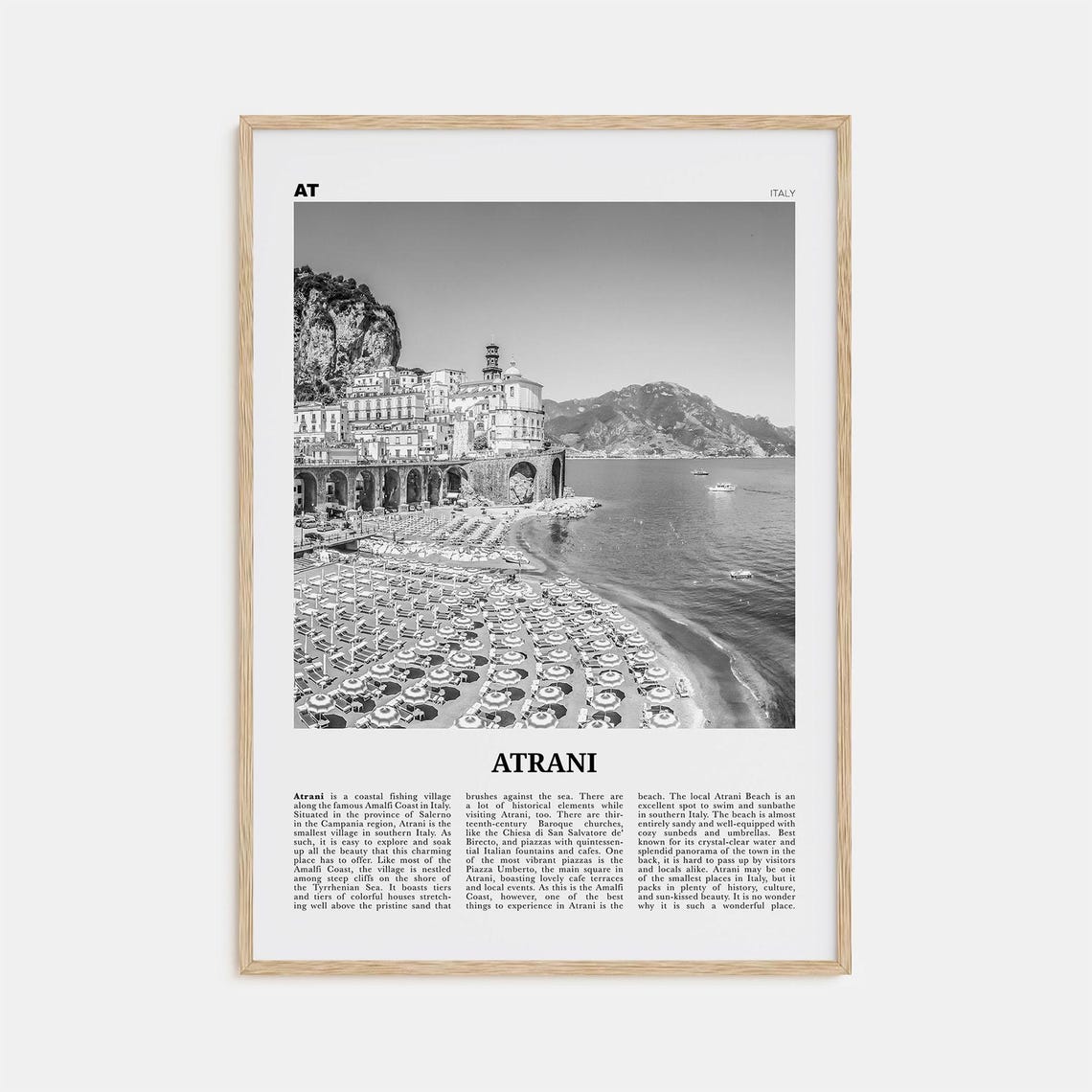 Atrani Black And White Travel Poster, Italy Map