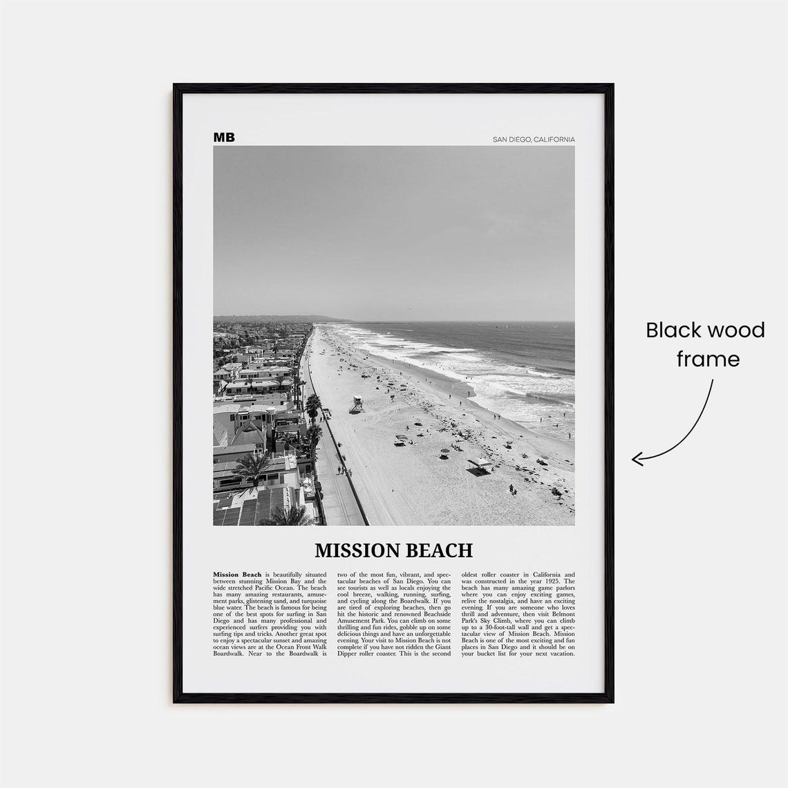 Mission Beach Black and White, San Diego Travel Poster - Image 3