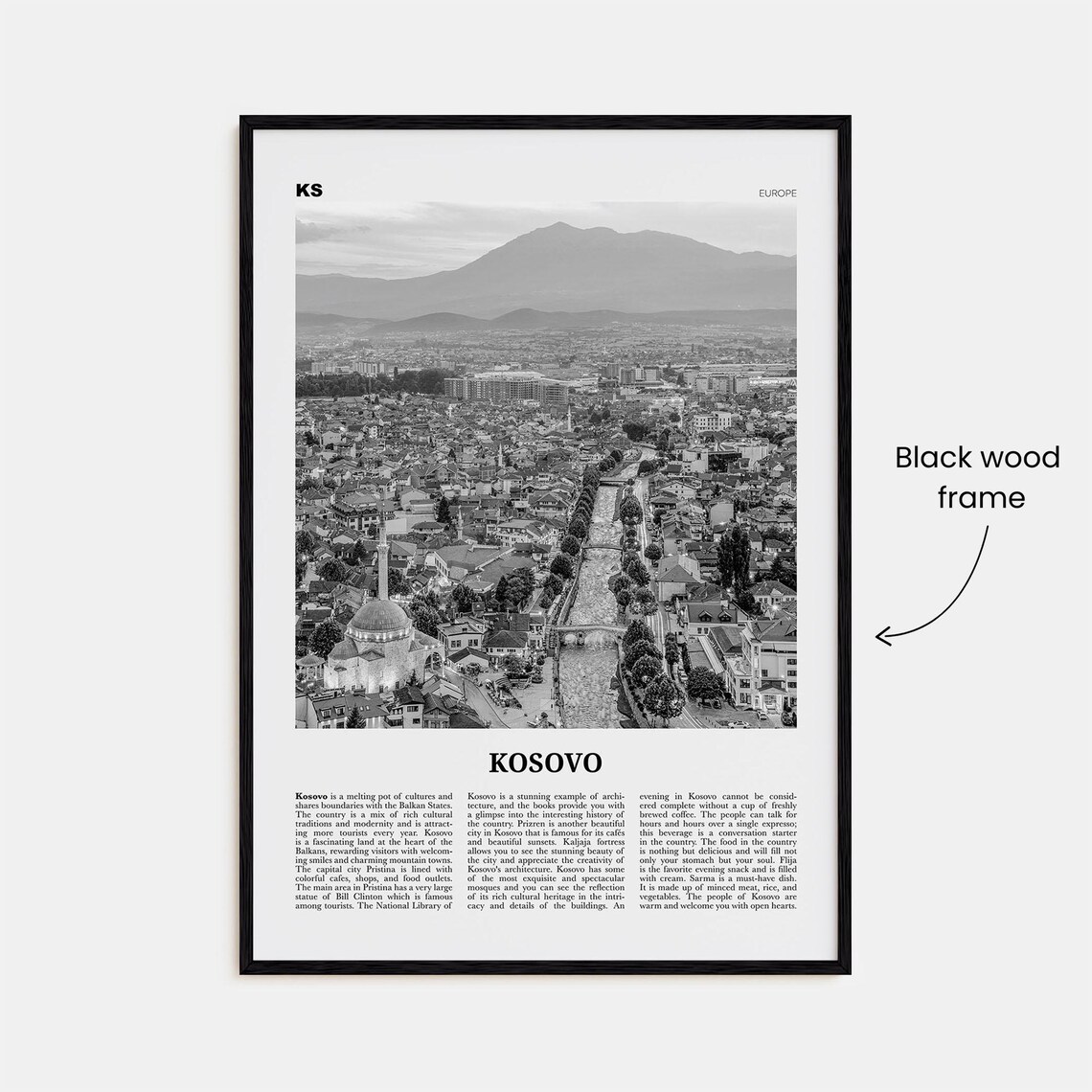Kosovo Black And White Travel Poster, Wall Art Print - Image 3