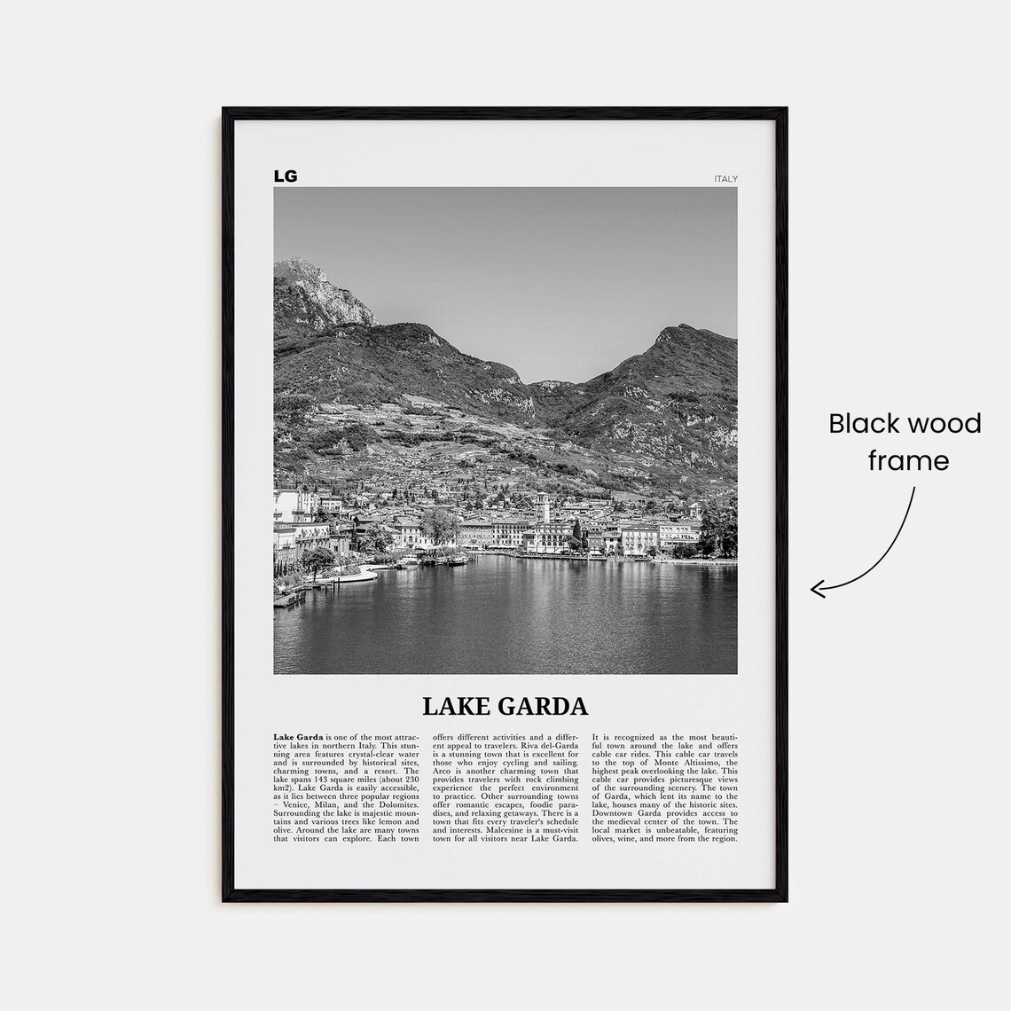 Lake Garda Black and White Map Art Print, Italy - Image 3