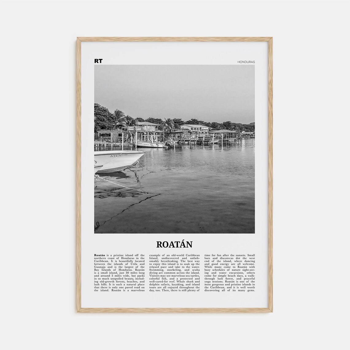 Roatan Black and White Travel Poster, Honduras Map