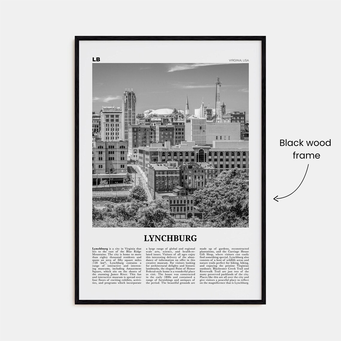 Lynchburg Black and White Map Art Print, Virginia - Image 3