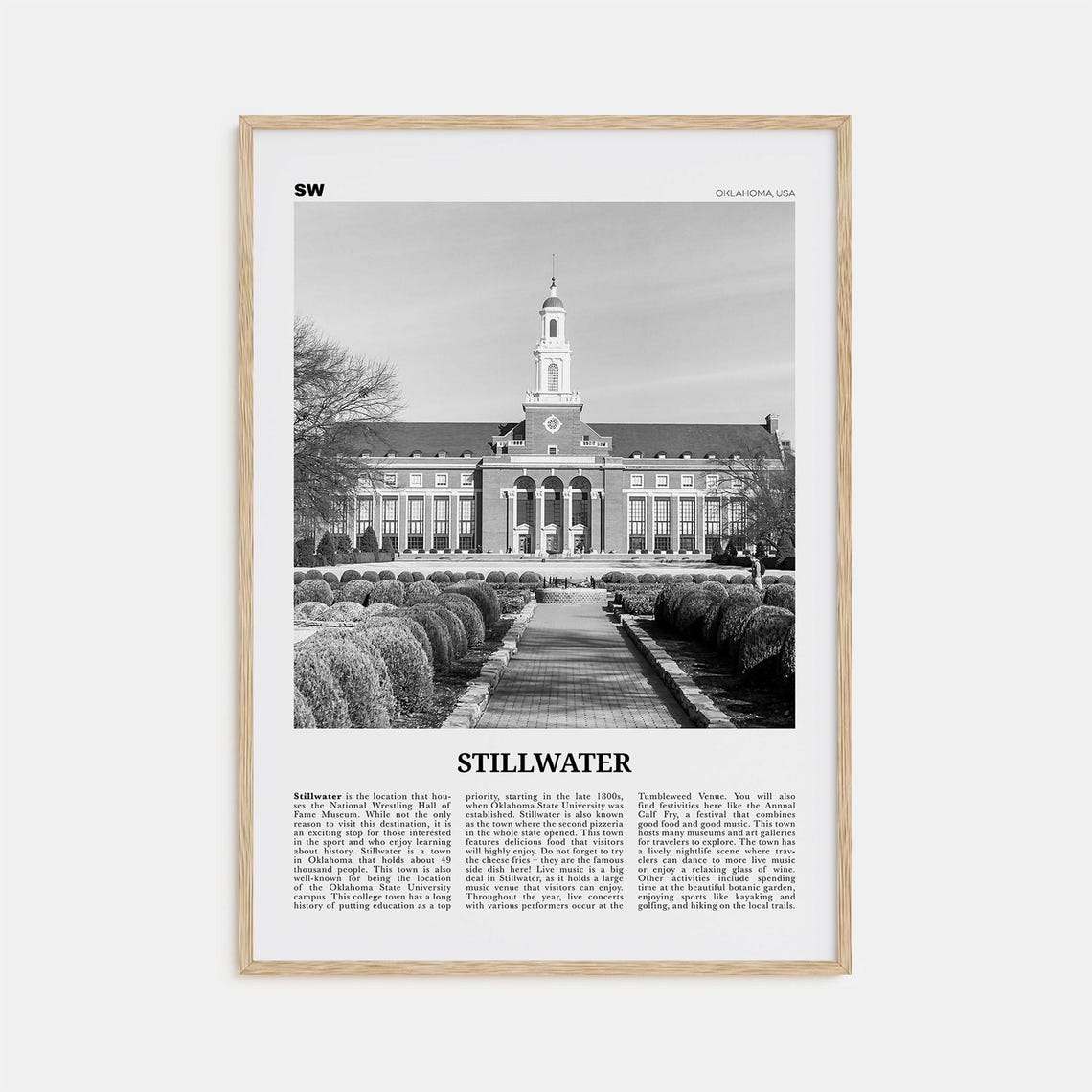 Stillwater, Oklahoma Black and White Travel Poster