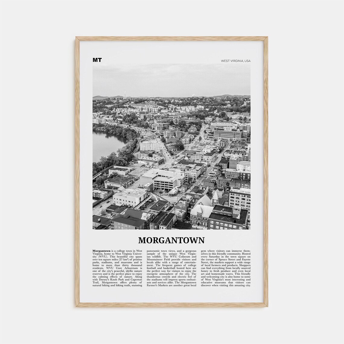 Morgantown Black and White Map Art Print, West Virginia