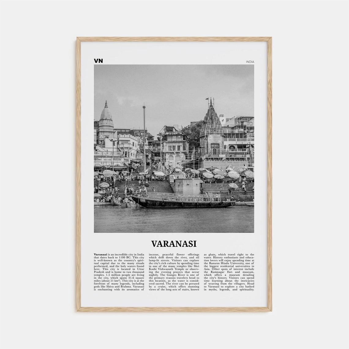 Varanasi Black And White Travel Poster, India Map