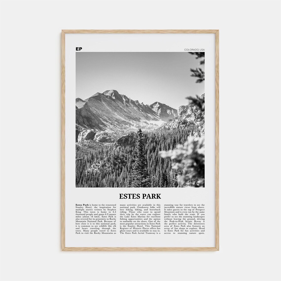 Estes Park Black and White Travel Poster, Colorado USA