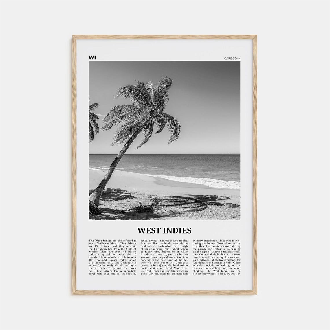 West Indies Black and White Travel Poster, Caribbean