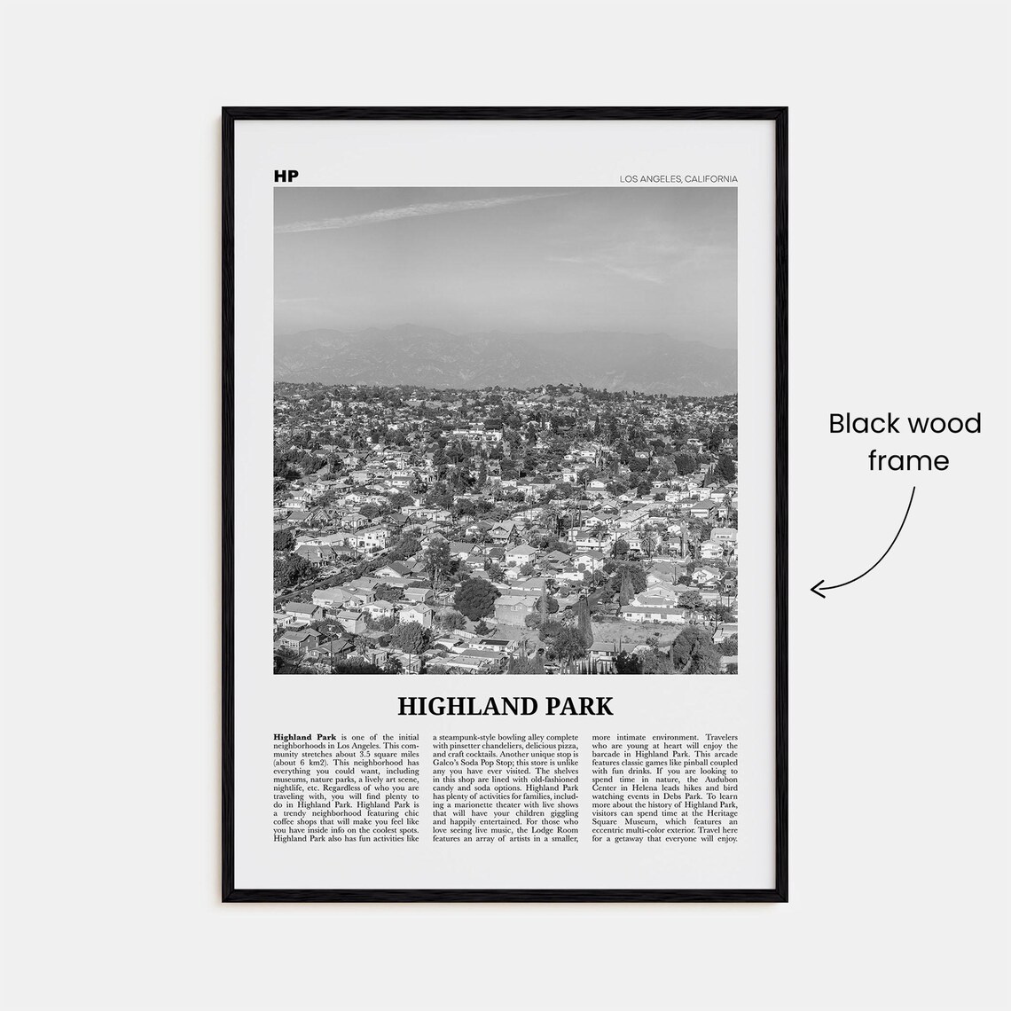 Highland Park, Los Angeles Black And White Travel Poster - Image 3