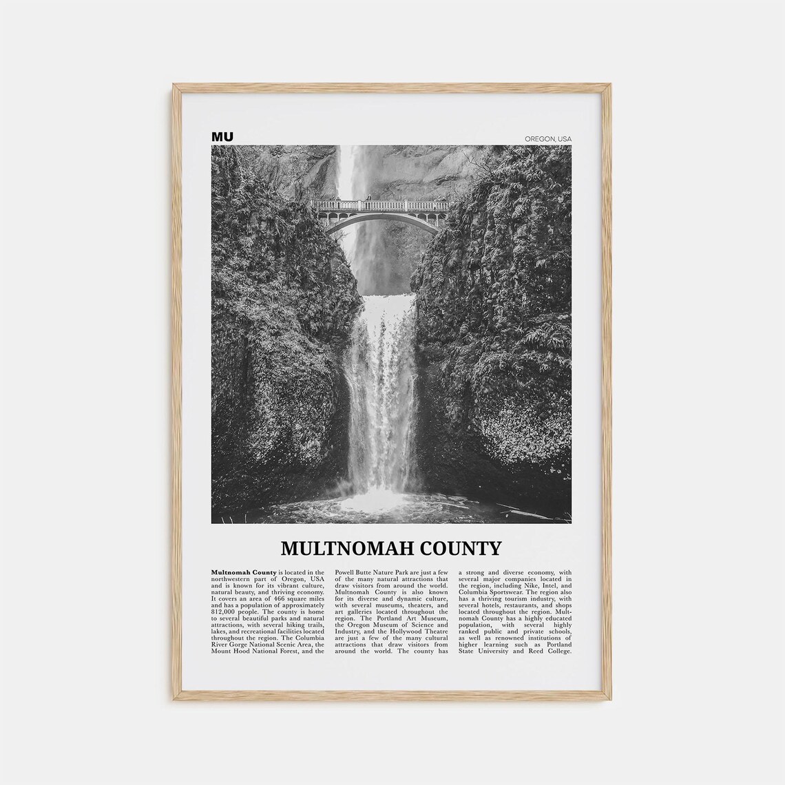 Multnomah County Travel Poster, Black And White Map