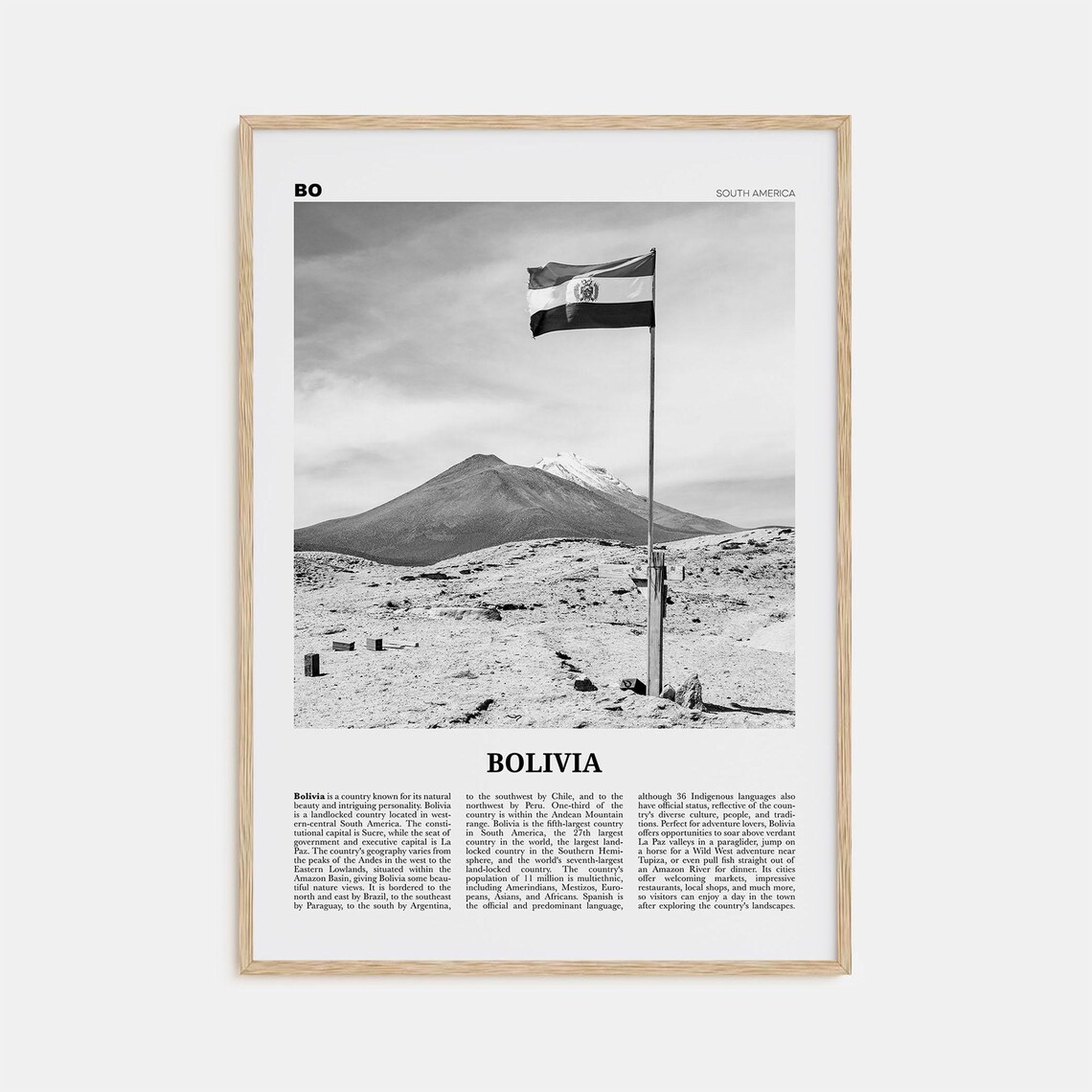 Black-and-White Bolivia Travel Poster, South America