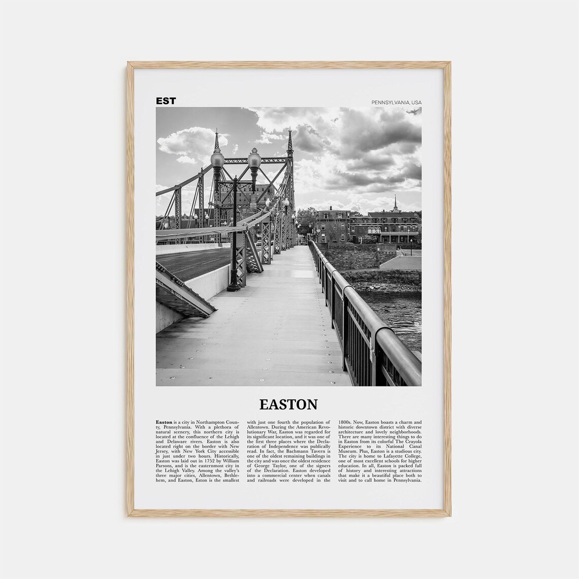 Easton Pennsylvania Map, Black and White Travel Poster