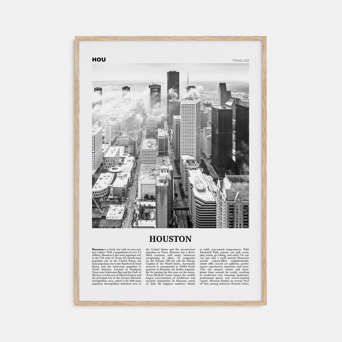 Houston Black and White Travel Poster, Texas USA