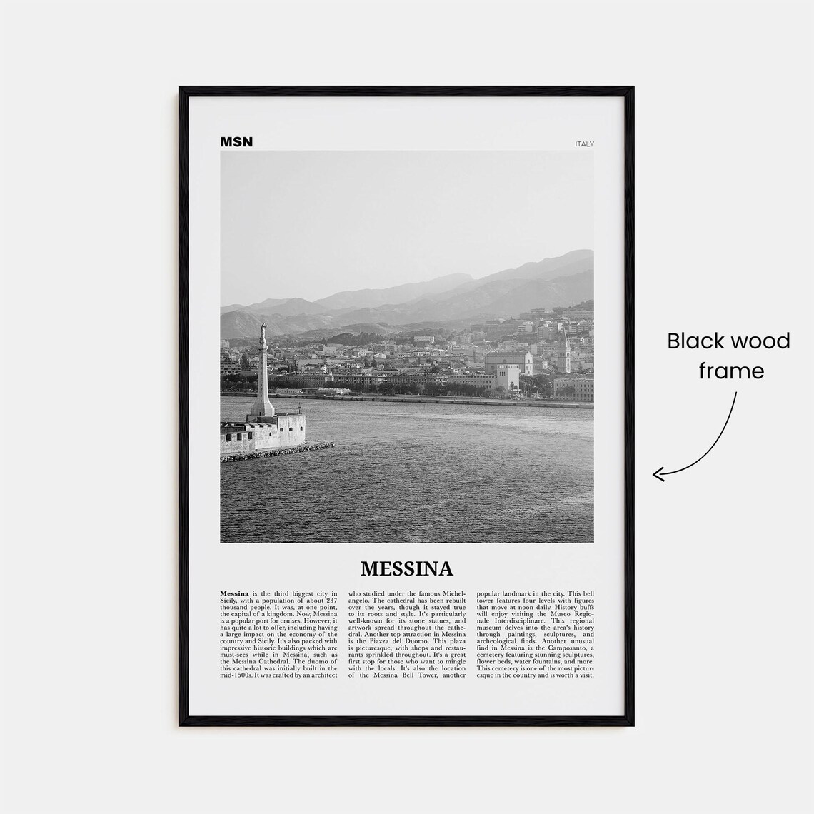 Messina Black and White Travel Poster, Italy Map - Image 3