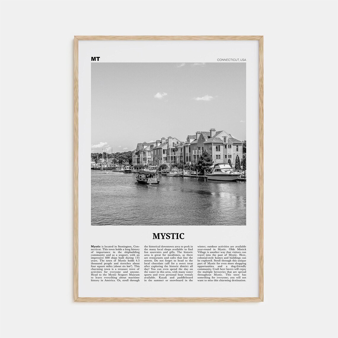 Mystic Connecticut Map, Black And White Travel Poster
