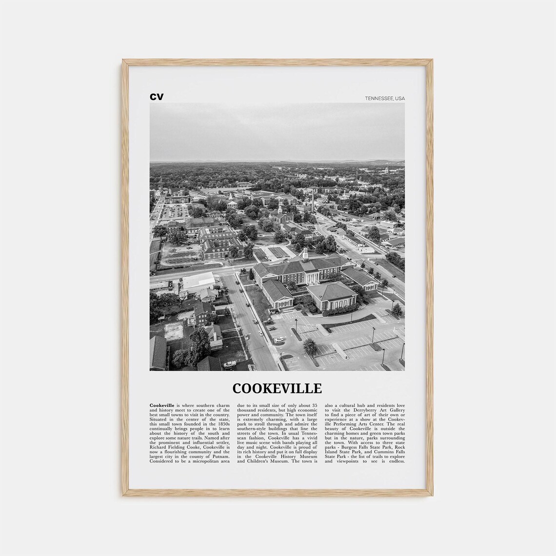 Cookeville Black and White Map Art Print, Tennessee