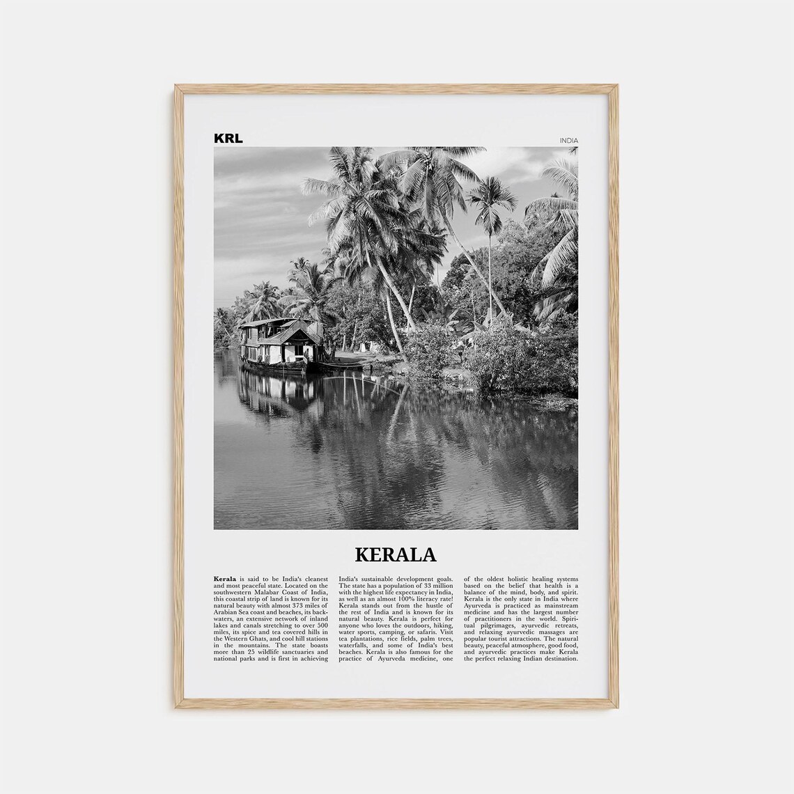 Black And White Kerala Travel Poster, India Art