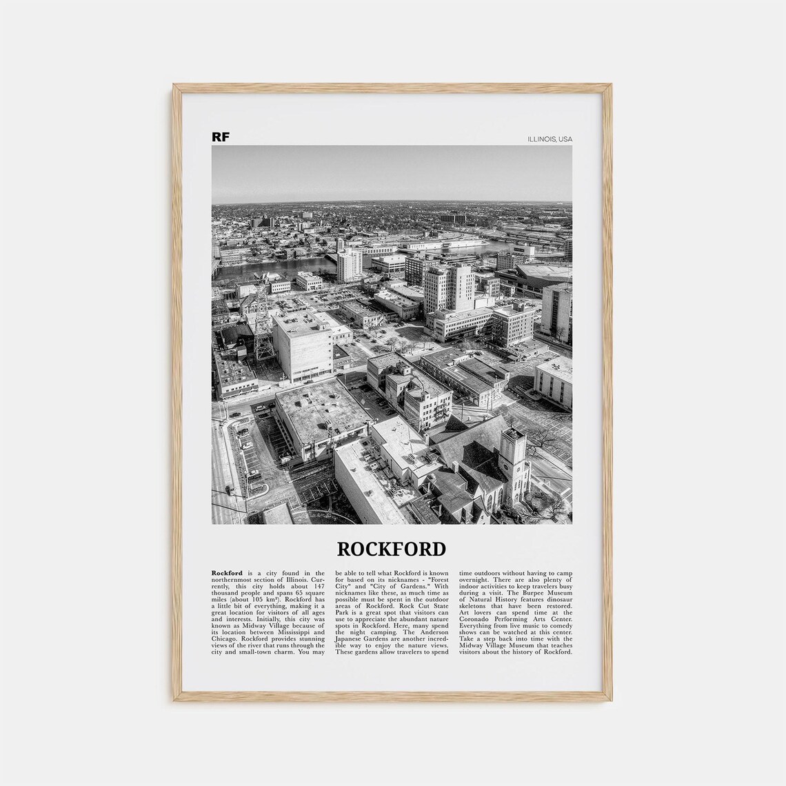 Rockford Black and White Travel Poster, Illinois USA