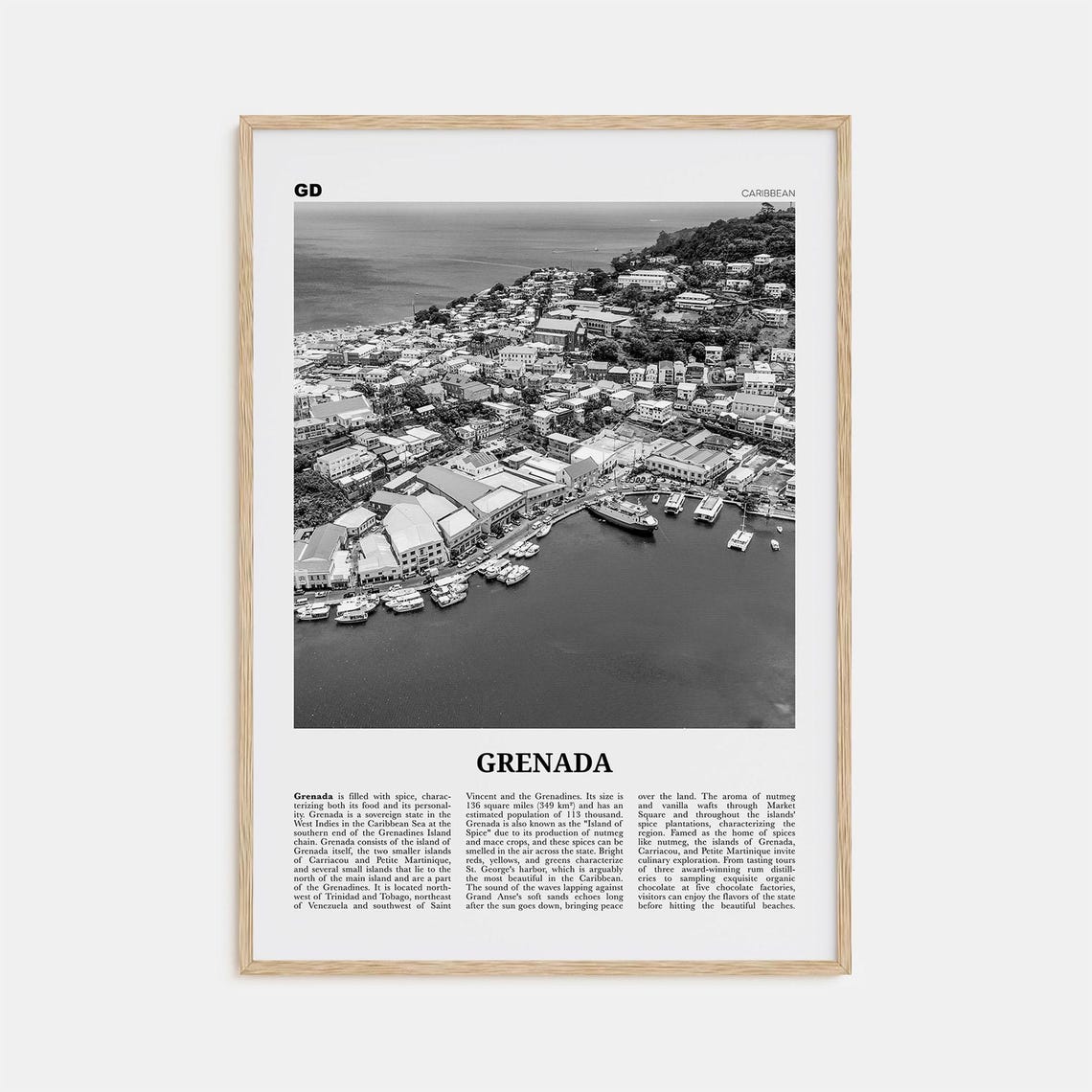 Grenada Black and White Travel Poster, Caribbean