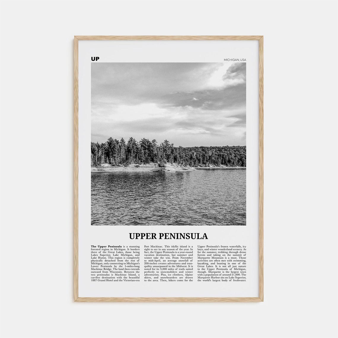 Upper Peninsula Black And White Map Art Print
