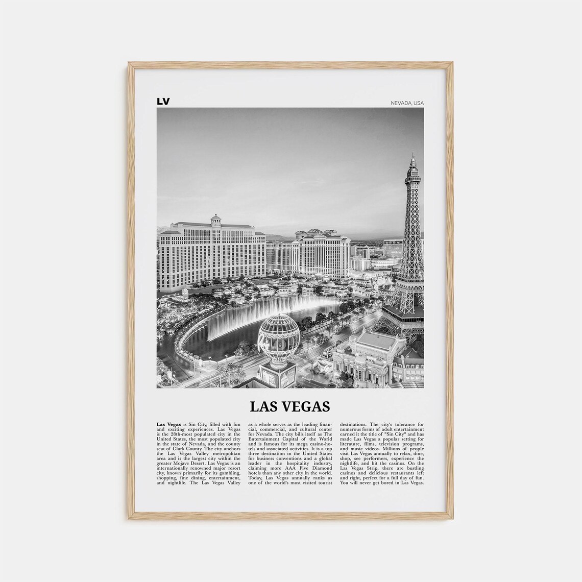 Las Vegas Black and White Travel Poster, Bellagio