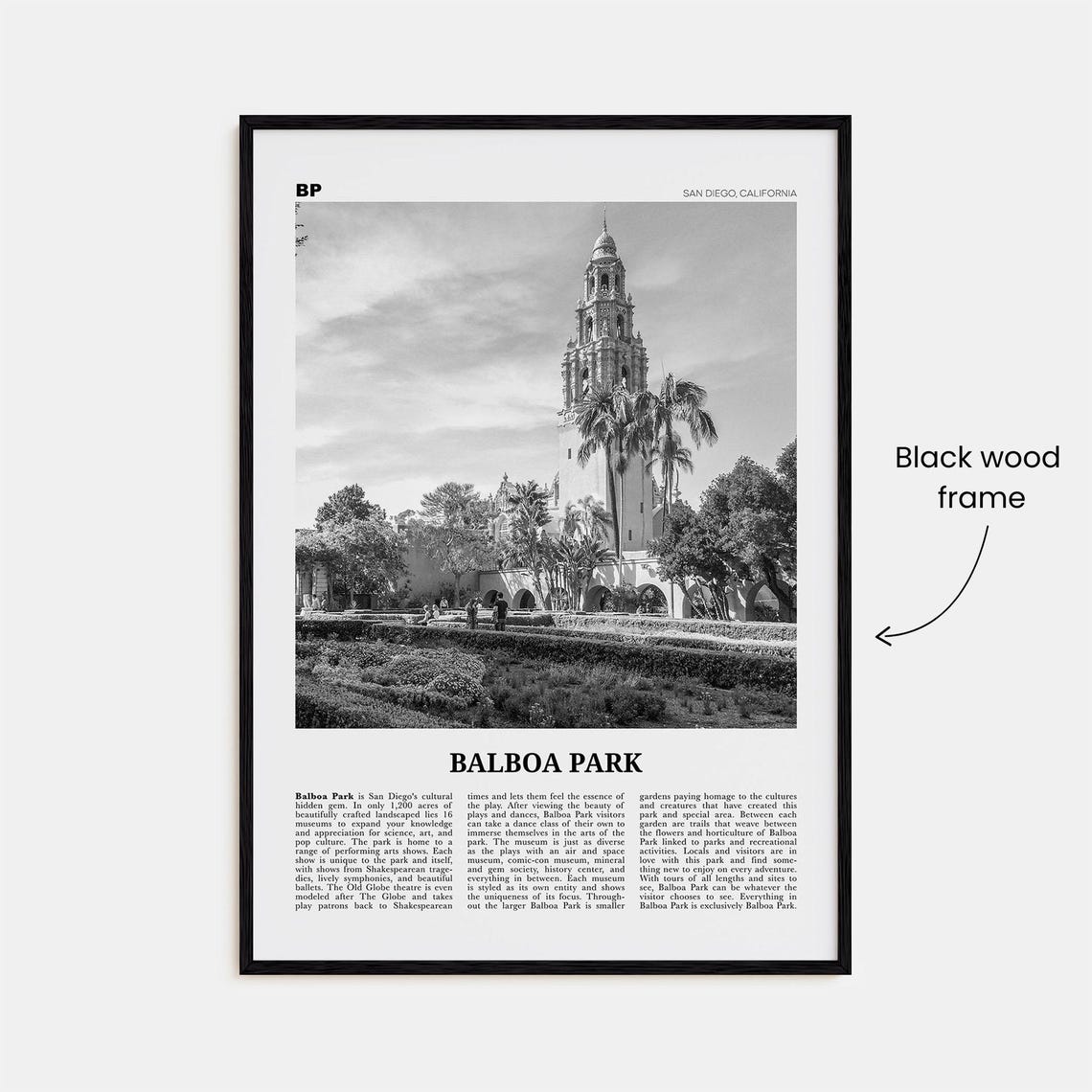Balboa Park Black And White Travel Poster, San Diego - Image 3