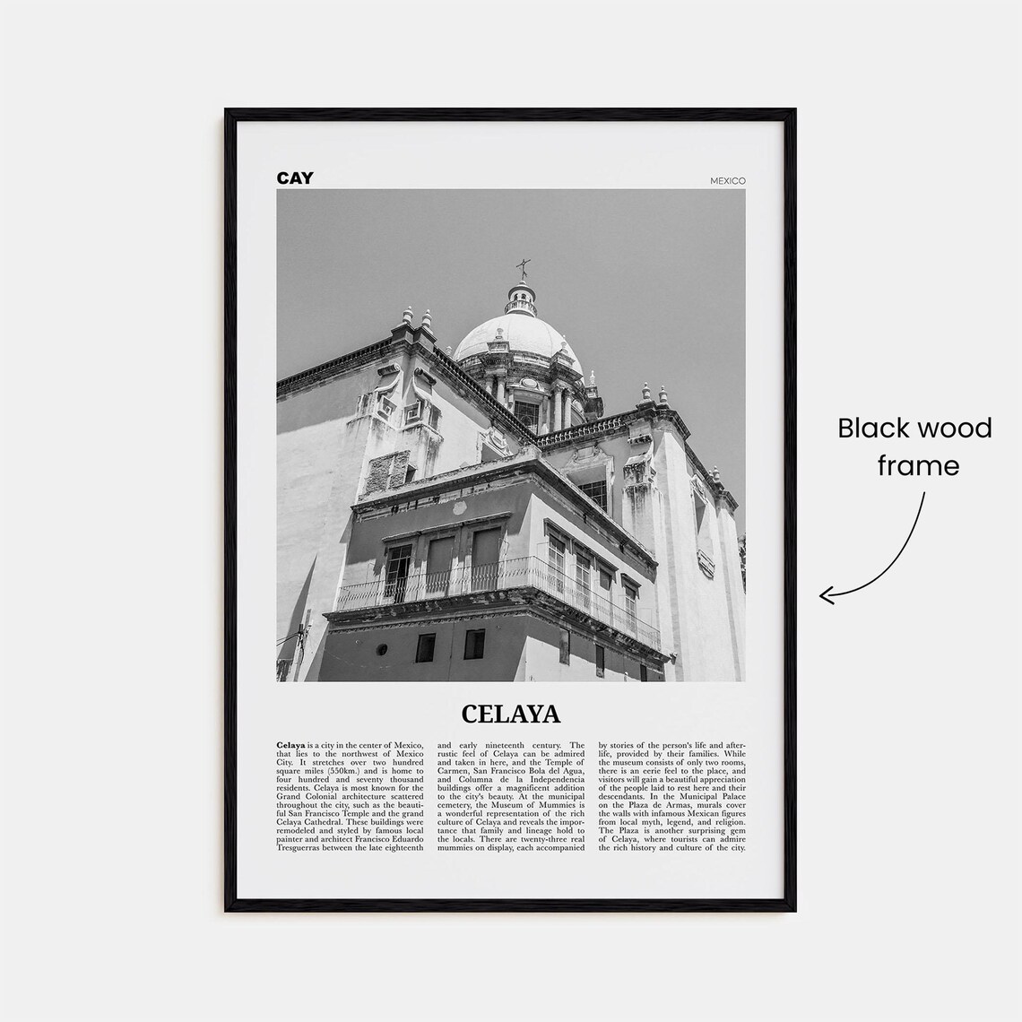 Celaya Mexico Map Art Print, Black and White - Image 3