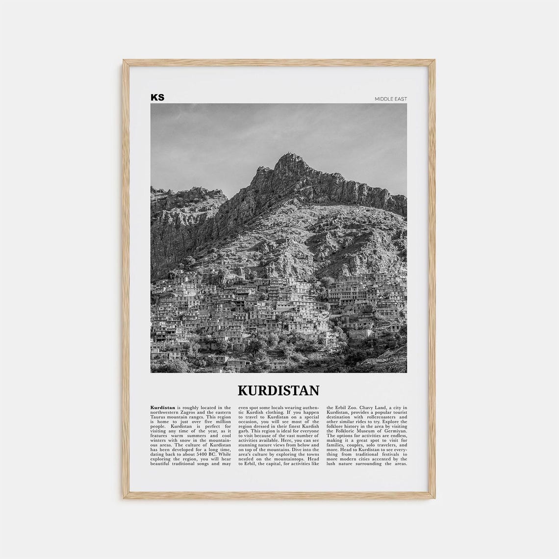 Kurdistan Black and White Map Travel Poster