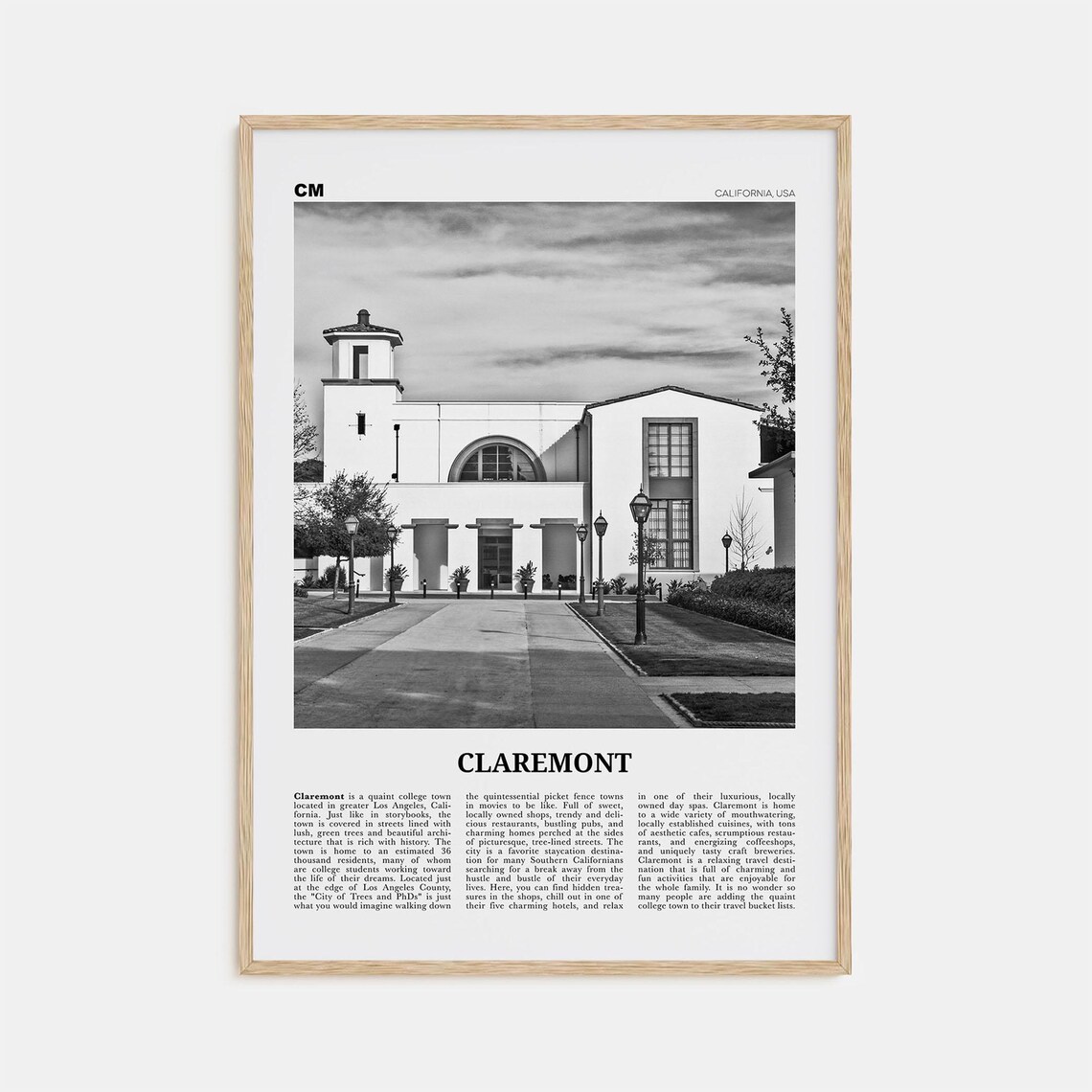 Claremont Black and White Travel Poster, California