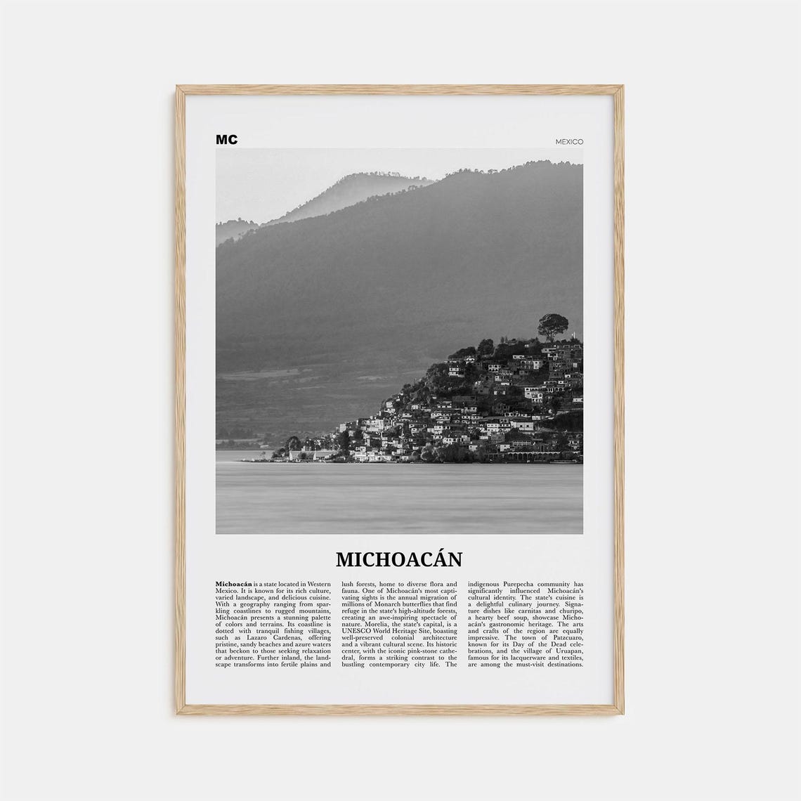 Michoacan Black and White Map, Mexico Travel Poster
