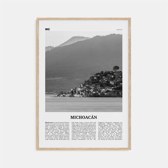 Michoacan Black and White Map, Mexico Travel Poster