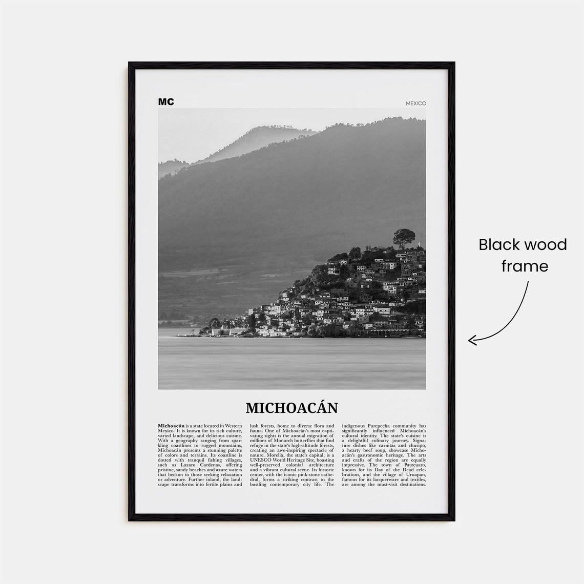 Michoacan Black and White Map, Mexico Travel Poster - Image 3