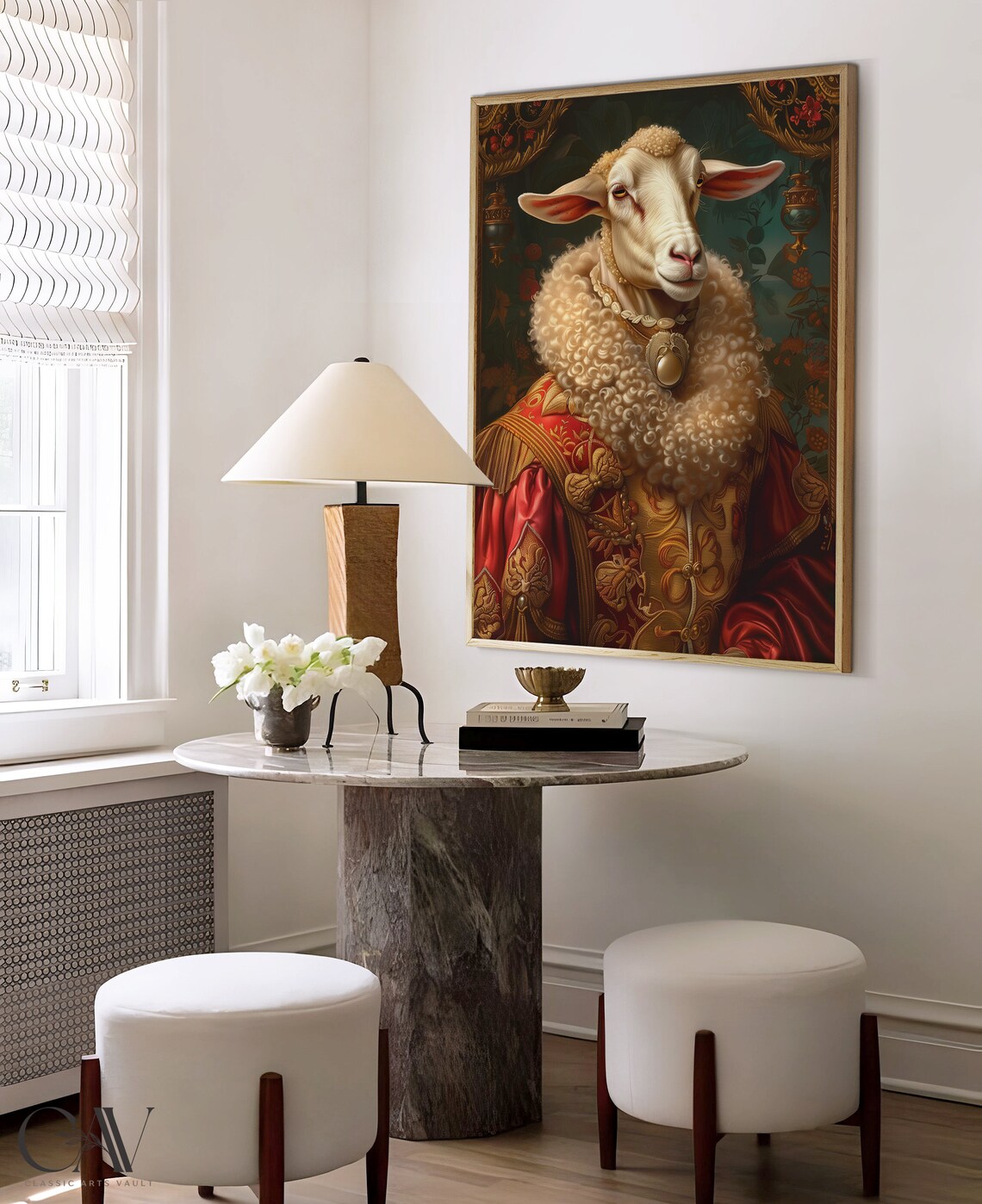 Sheep Royal Renaissance Portrait Red Brocade Pearl Animal Wall Art - Image 4
