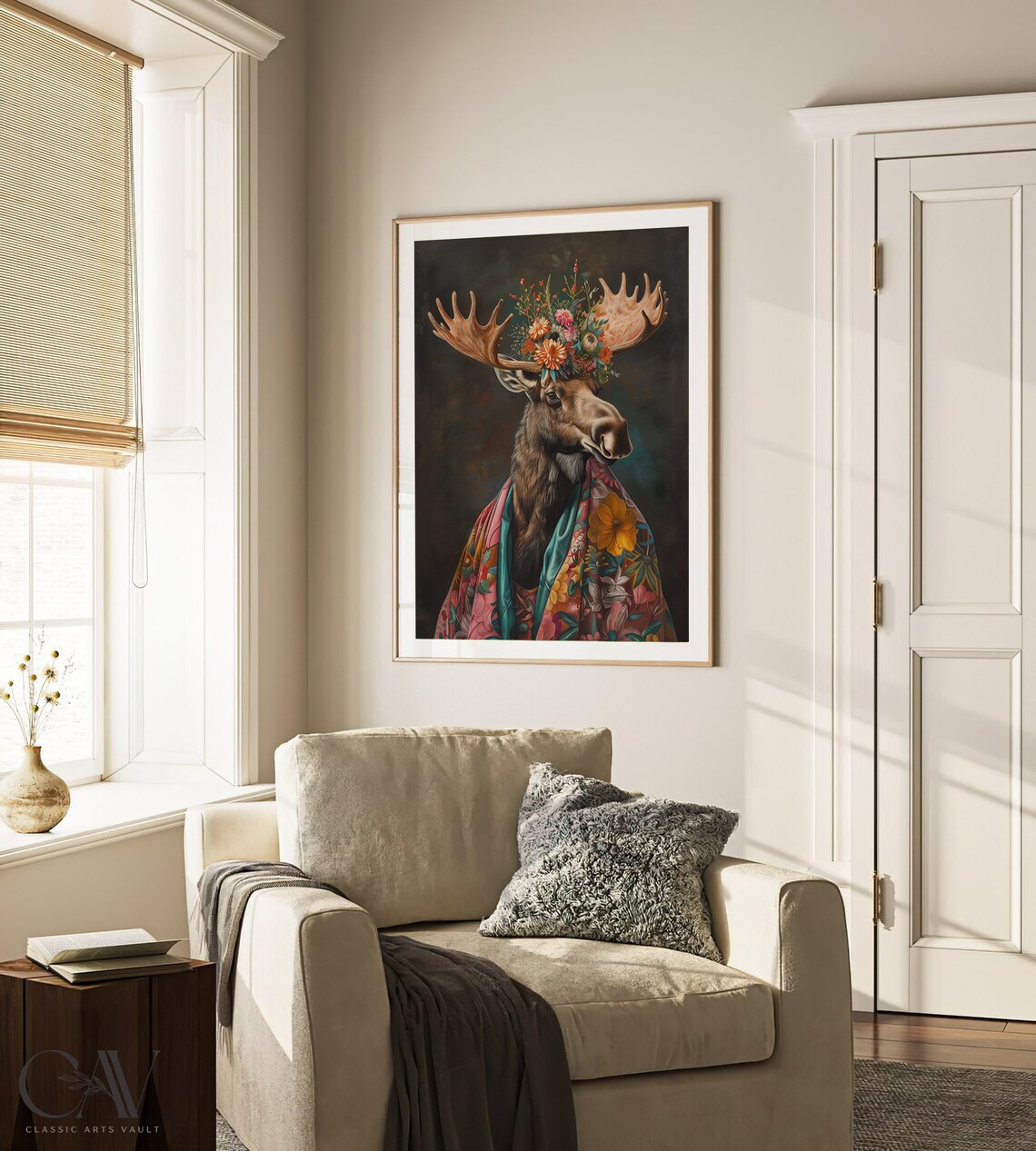 Moose Wearing Flower Crown and Floral Robe Dark Portrait Poster - Image 3