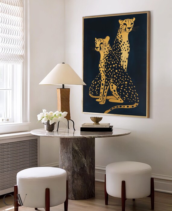 Two Gold Cheetahs Sitting Together On Dark Navy Animal Poster
