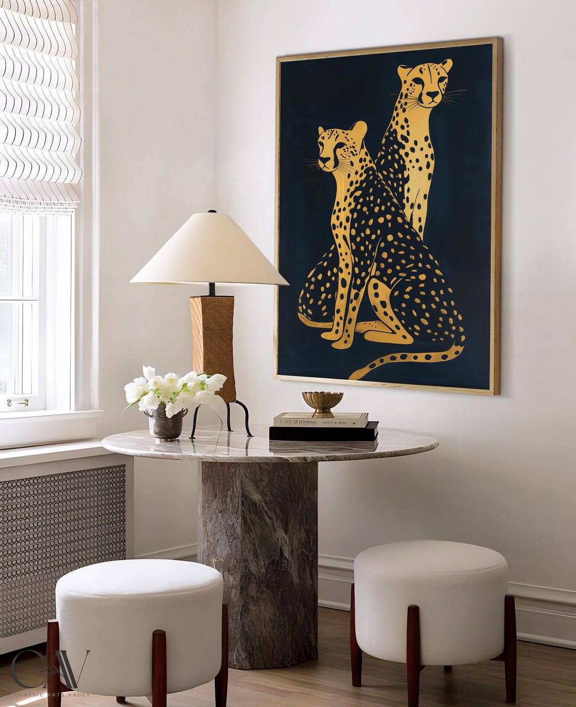 Two Gold Cheetahs Sitting Together On Dark Navy Animal Poster