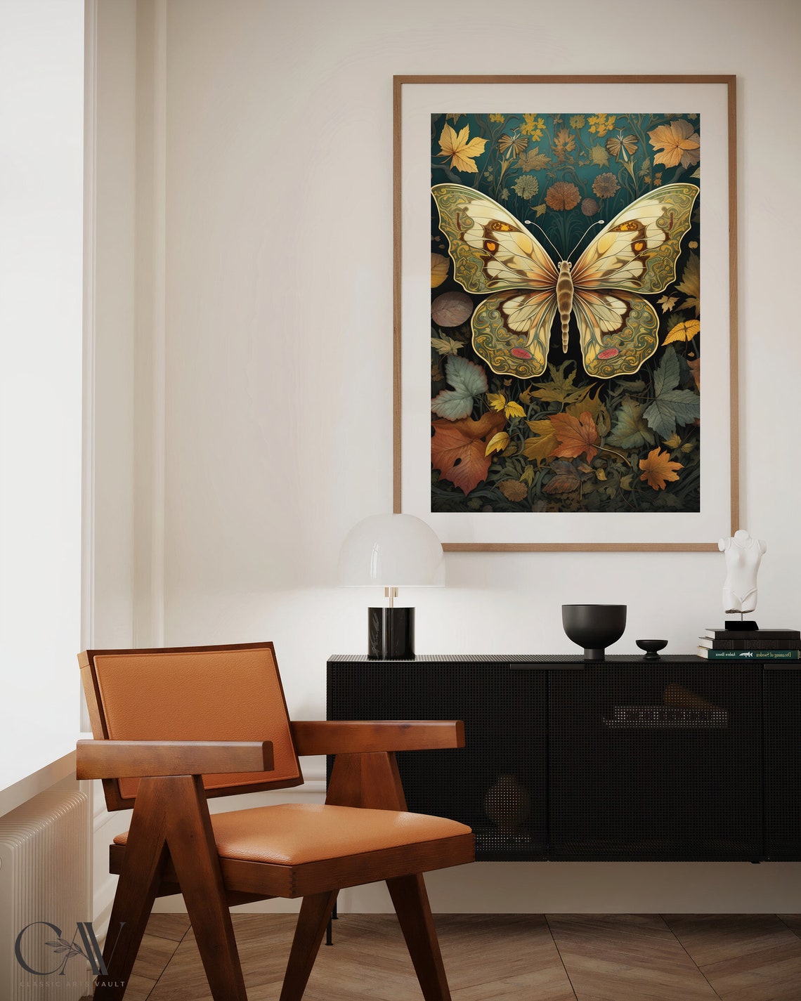 Cream Butterfly On Dark Green Botanical Fall Leaves Art Poster - Image 5