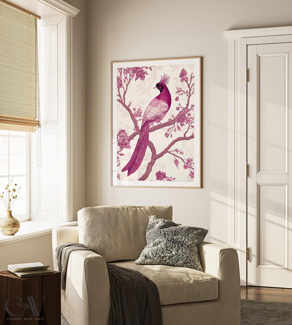 Pink Pheasant Perched on Flowering Branch Chinoiserie Poster - Image 4