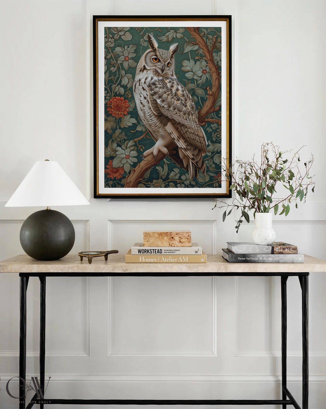 Moody Great Horned Owl Perched In Dark Green Floral Forest Poster - Image 4