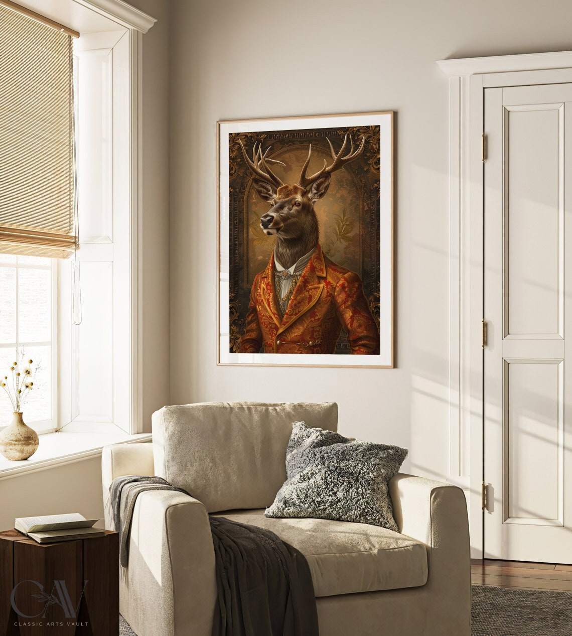 Gentleman Stag Renaissance Portrait Red Brocade Coat Animal Poster - Image 3