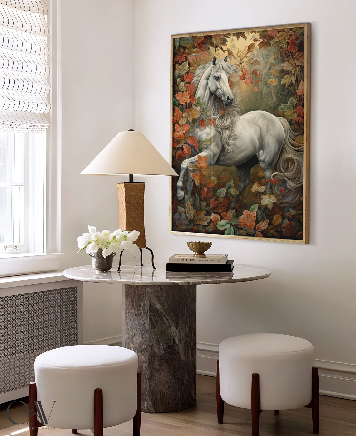 White Horse Rearing Among Golden Autumn Leaves Vintage Poster - Image 4